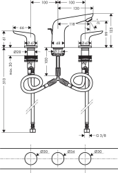 Bild von HANSGROHE Novus 3-Loch Waschtischarmatur 100 mit Zugstangen-Ablaufgarnitur,  71140000