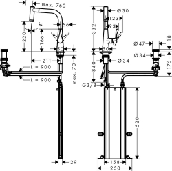 Bild von HANSGROHE M71 Metris Select 2-Loch Einhebel-Küchenmischer 220 mit Ausziehbrause,  73805000