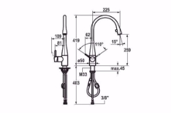 Bild von KWC EVE Küche chromeline A 225 Hebelmischer Auszugauslauf verdeckt Neoperl Caché bis 600 mm au, chromeline, seitenbedient, flex-PEX 3/8", Art.Nr. : 10.111.103.000FL