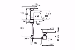 Bild von KWC ELLA Waschtisch chromeline A 110 Hebelmischer Auslauf fest Neoperl Perlator Shorty, chromeline, ohne Ablaufventil, flex-PEX 3/8", Art.Nr. : 12.381.051.000FL