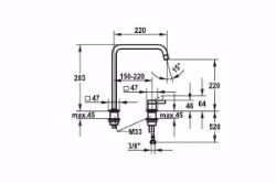 Bild von KWC ERA Küche edelstahl A 220 Hebelmischer Schwenkauslauf 150° oder 360° Neoperl Perlator lam, Stahl, flex-PEX 3/8", A220, L-Auslauf, Art.Nr. : 10.392.022.700FL