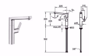 Bild von KWC DOMO , 6.0 Küche chromeline A 225 Hebelmischer Schwenkauslauf 360° , begrenzbar auf 150° Neop, chromeline, seitenbedient,flex-PEX 3/8", Art.Nr. : 10.661.013.000FL