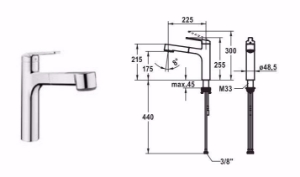 Bild von KWC DOMO , 6.0 Küche chromeline A 225 Hebelmischer Auszugbrause SprayClean - aktive Kalkbeseitigung, chromeline, flex-PEX 3/8", Art.Nr. : 10.661.033.000FL