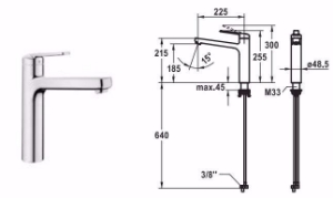 Bild von KWC DOMO , 6.0 Küche chromeline A 225 Hebelmischer Schwenkauslauf 150° Strahlregler-Mundstück Opt, chromeline, flex-PEX 3/8", Art.Nr. : 10.665.023.000FL