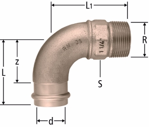 Bild von Nussbaum  88005 Optipress-Gaz-Bogen 90° mit Aussengewinde, Grösse: 22 x ¾, Art.Nr. 88005.24